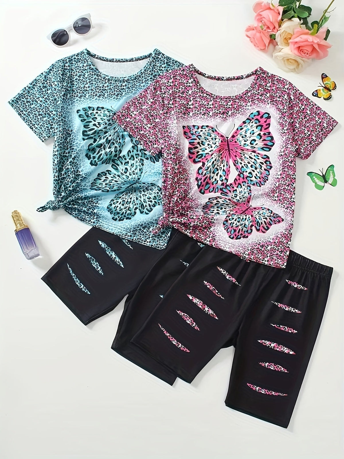 Girls' Butterfly Outfit Set - Short Sleeve Spring