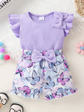 Girls' Purple Ruffle Sleeve Top and Butterfly Print Shorts Set with Matching Bow Details for Summer