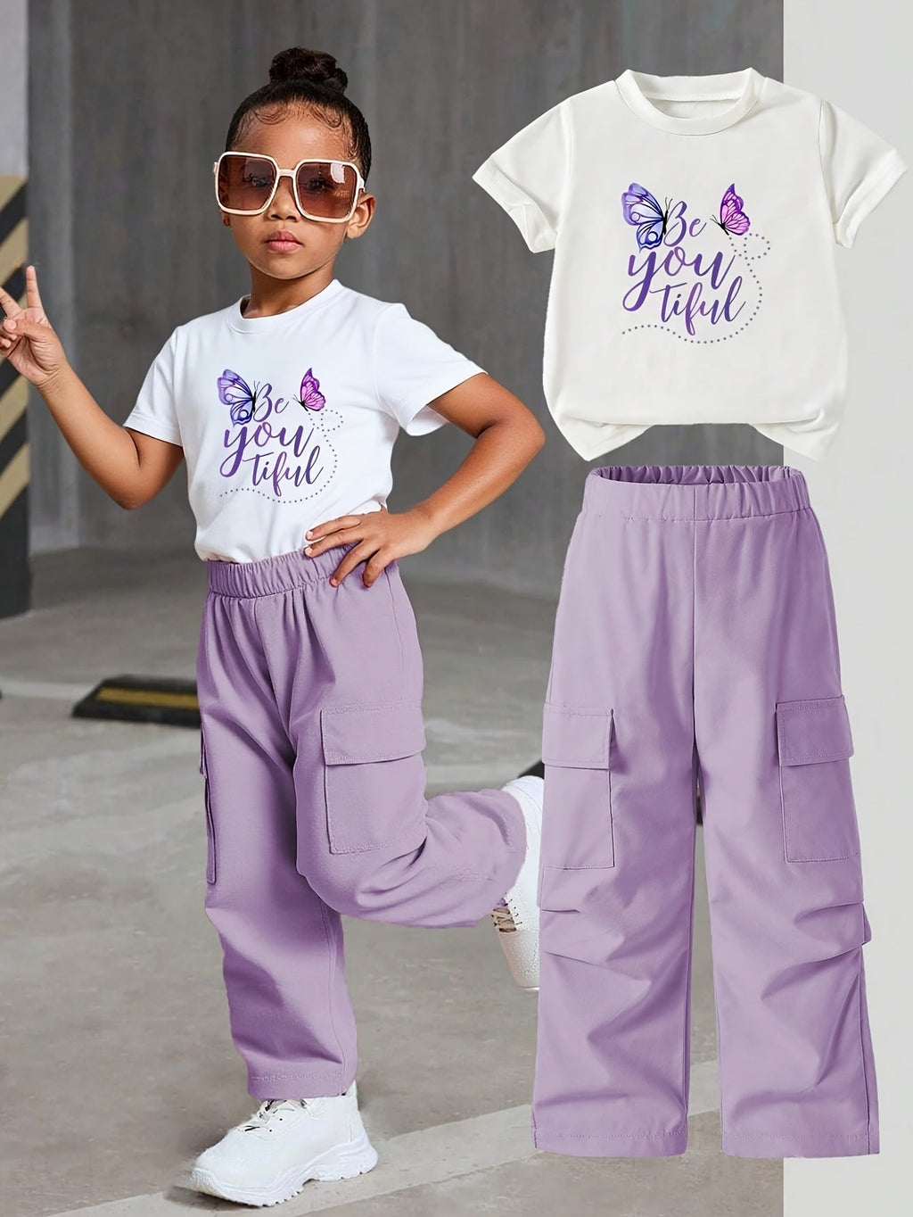 Girls' Butterfly Graphic T-Shirt in White Cotton with Be You Tiful Lettering and Short Sleeves