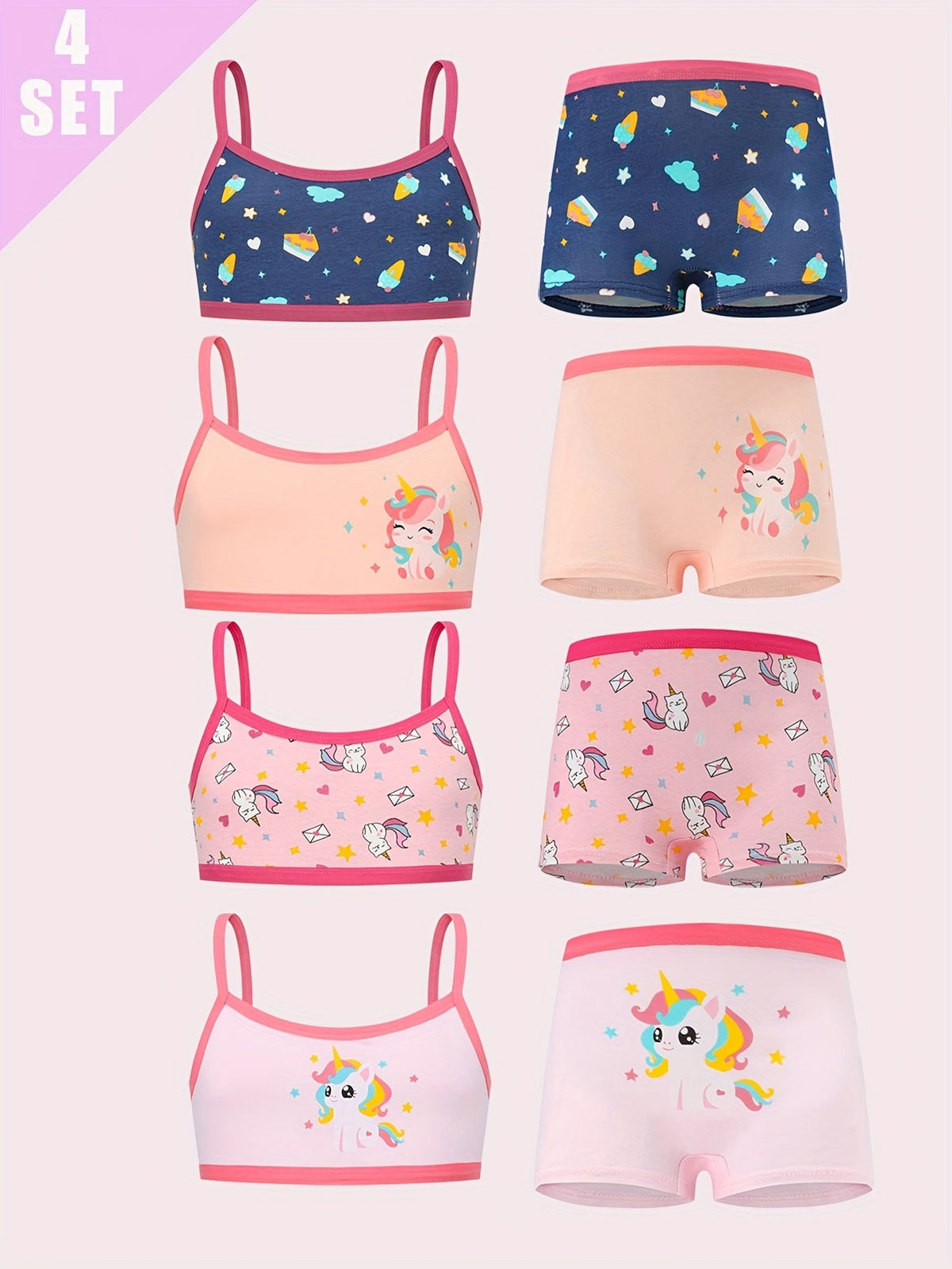 Girls' Unicorn Underwear Sets 4-Pack with Matching Cami Tops and Boxer Briefs for Everyday Layering