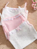 Girls Cotton Blend Camisoles Three-Pack with Lace Trim and Bow Details for Everyday Clothing Layers