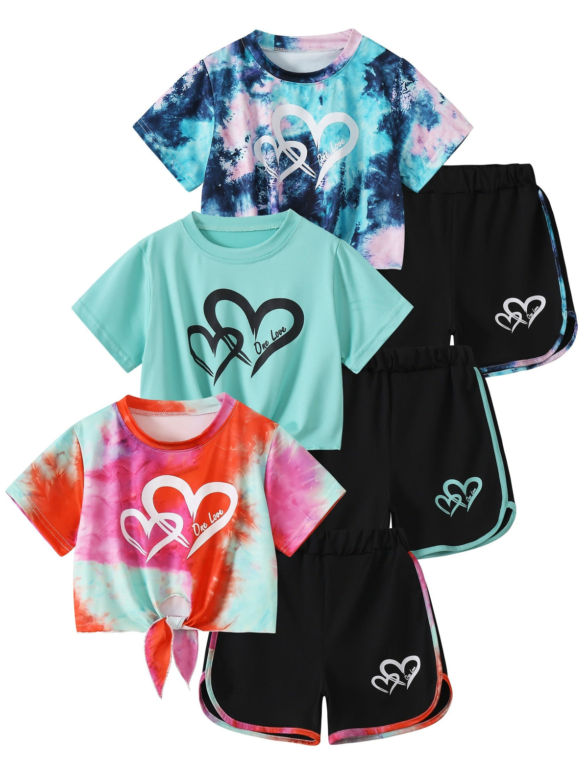 Girls' Heart Print T-Shirt and Shorts Sets 6-Piece Pack with Tie Front Tops for Summer Outfits