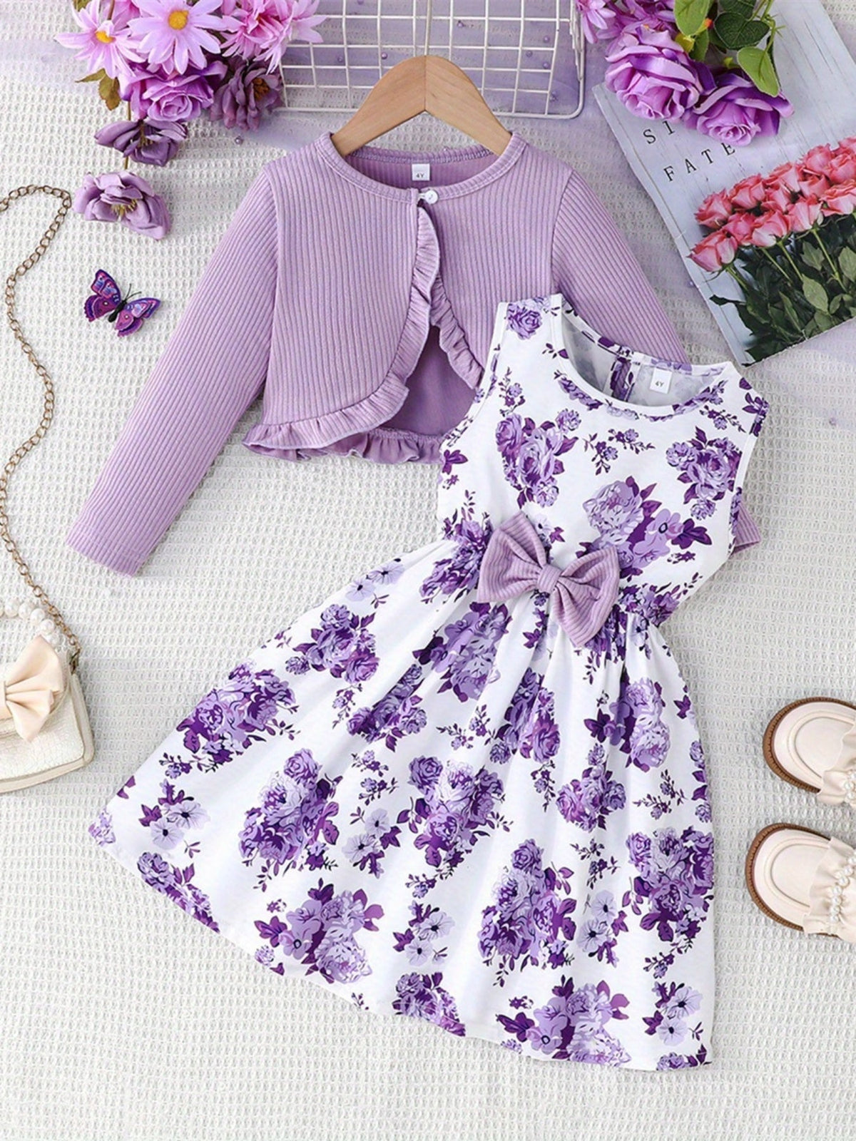 Girls' Rose Red Floral Dress and Cardigan Set with a Bow Waist and Ruffle Trim for Coordinated Outfits
