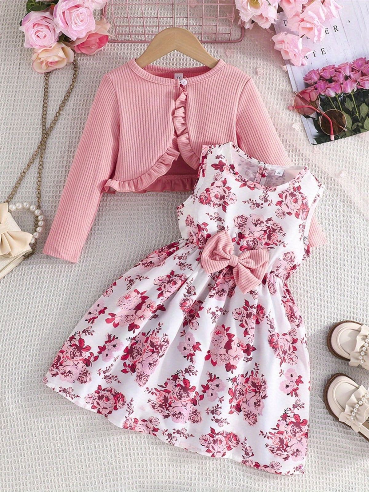 Girls' Rose Red Floral Dress and Cardigan Set with a Bow Waist and Ruffle Trim for Coordinated Outfits