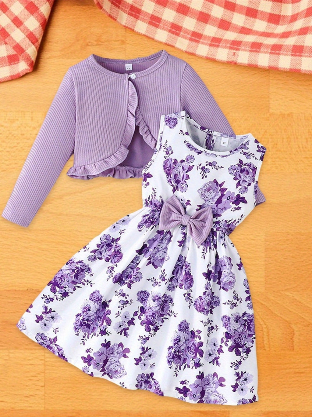 Girls' Rose Red Floral Dress and Cardigan Set with a Bow Waist and Ruffle Trim for Coordinated Outfits