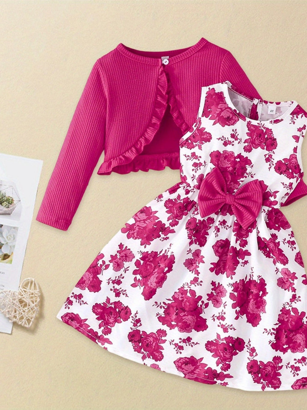 Girls' Rose Red Floral Dress and Cardigan Set with a Bow Waist and Ruffle Trim for Coordinated Outfits