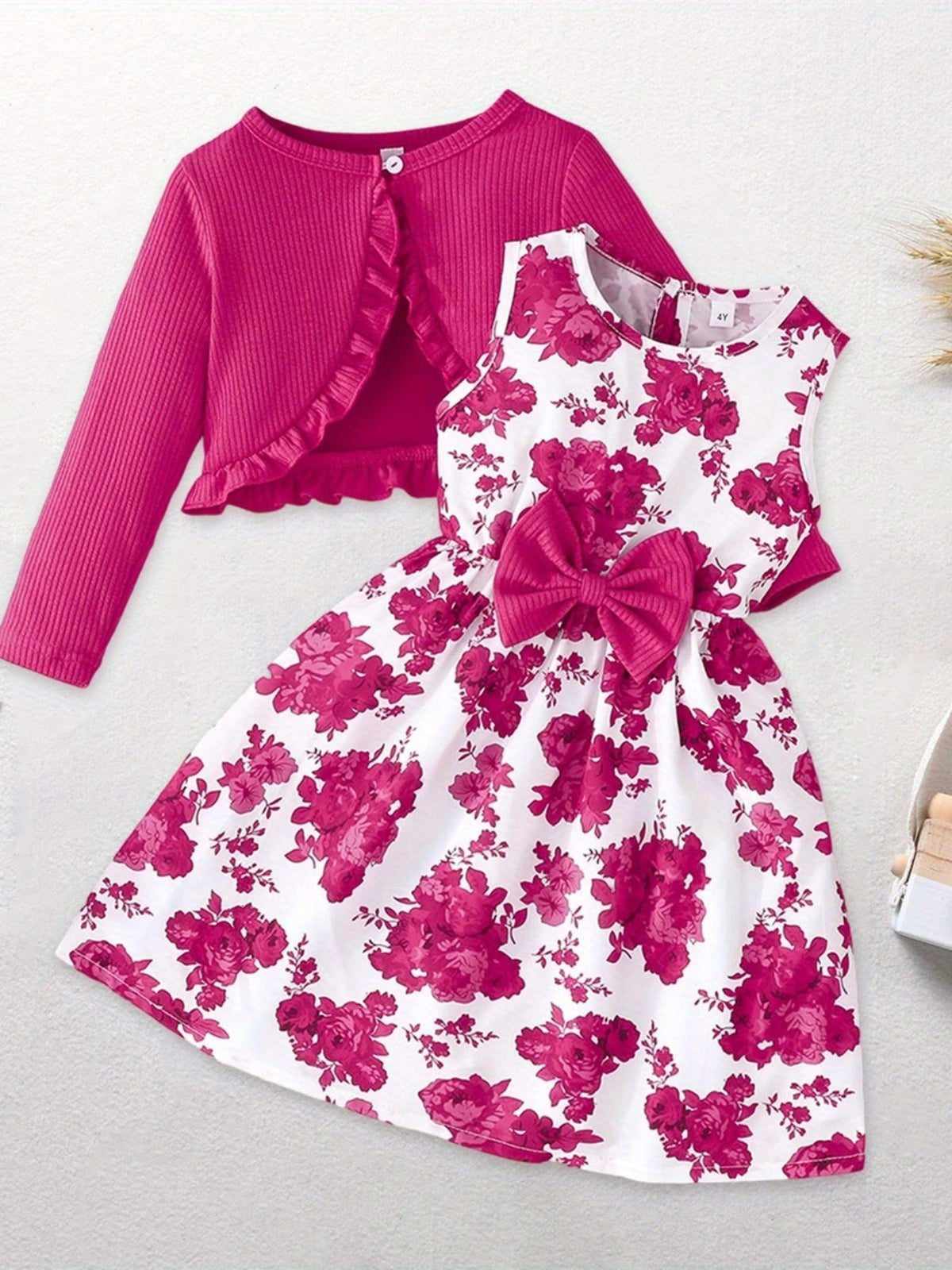Girls' Rose Red Floral Dress and Cardigan Set with a Bow Waist and Ruffle Trim for Coordinated Outfits