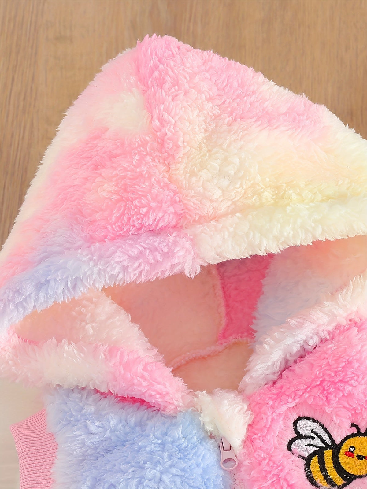 Baby Girl 3 Piece Bee Outfit Set in Plush Pastel Tie Dye with a Hooded Vest for Cooler Weather Layers