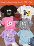 Girls' Floral Cotton T-Shirt in a Random Color and Print with Short Sleeves for Casual Summer Outfits