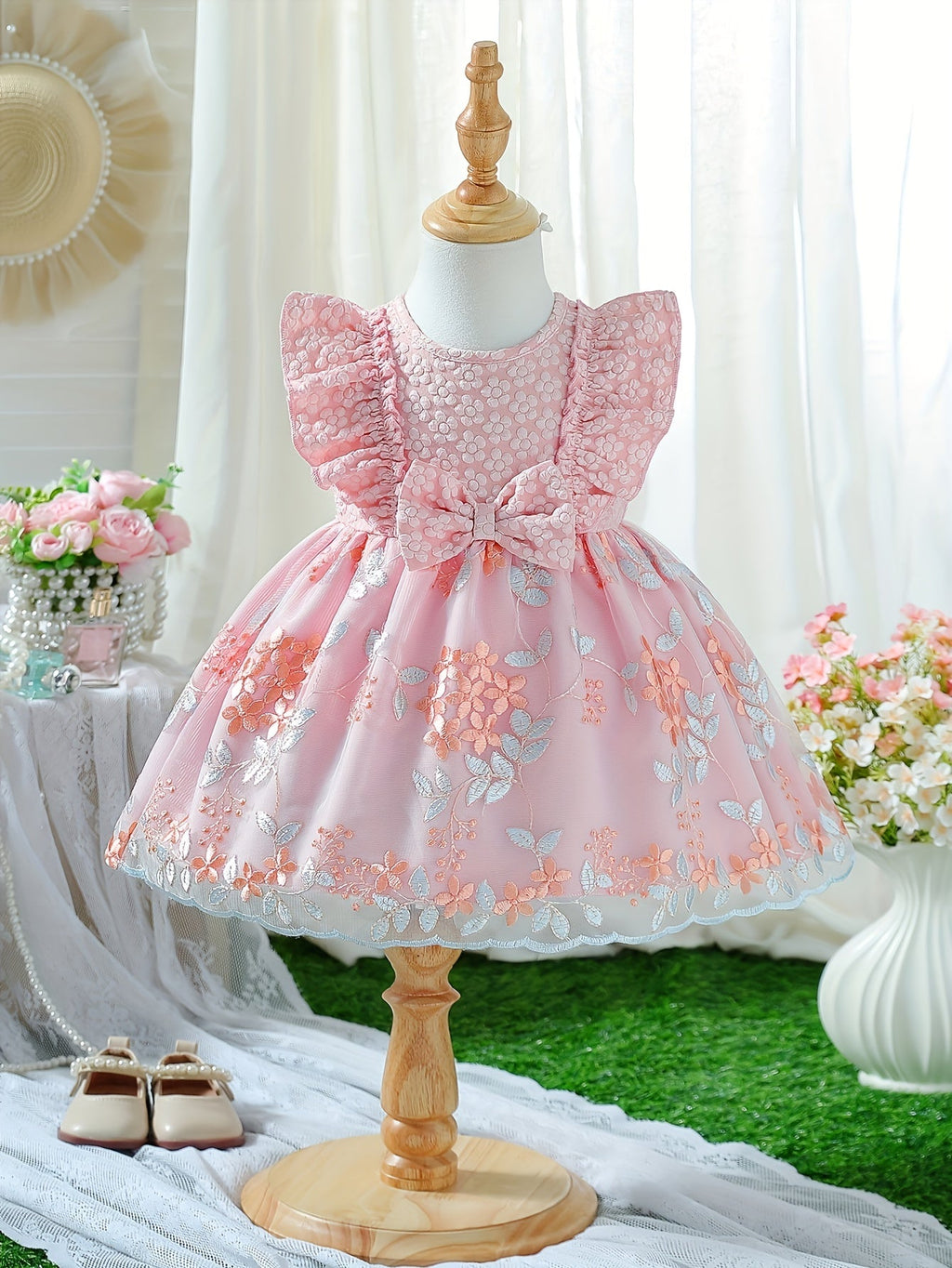 Baby Girl White Party Dress with Textured Bodice and Floral Mesh Skirt Plus a Matching Waist Bow