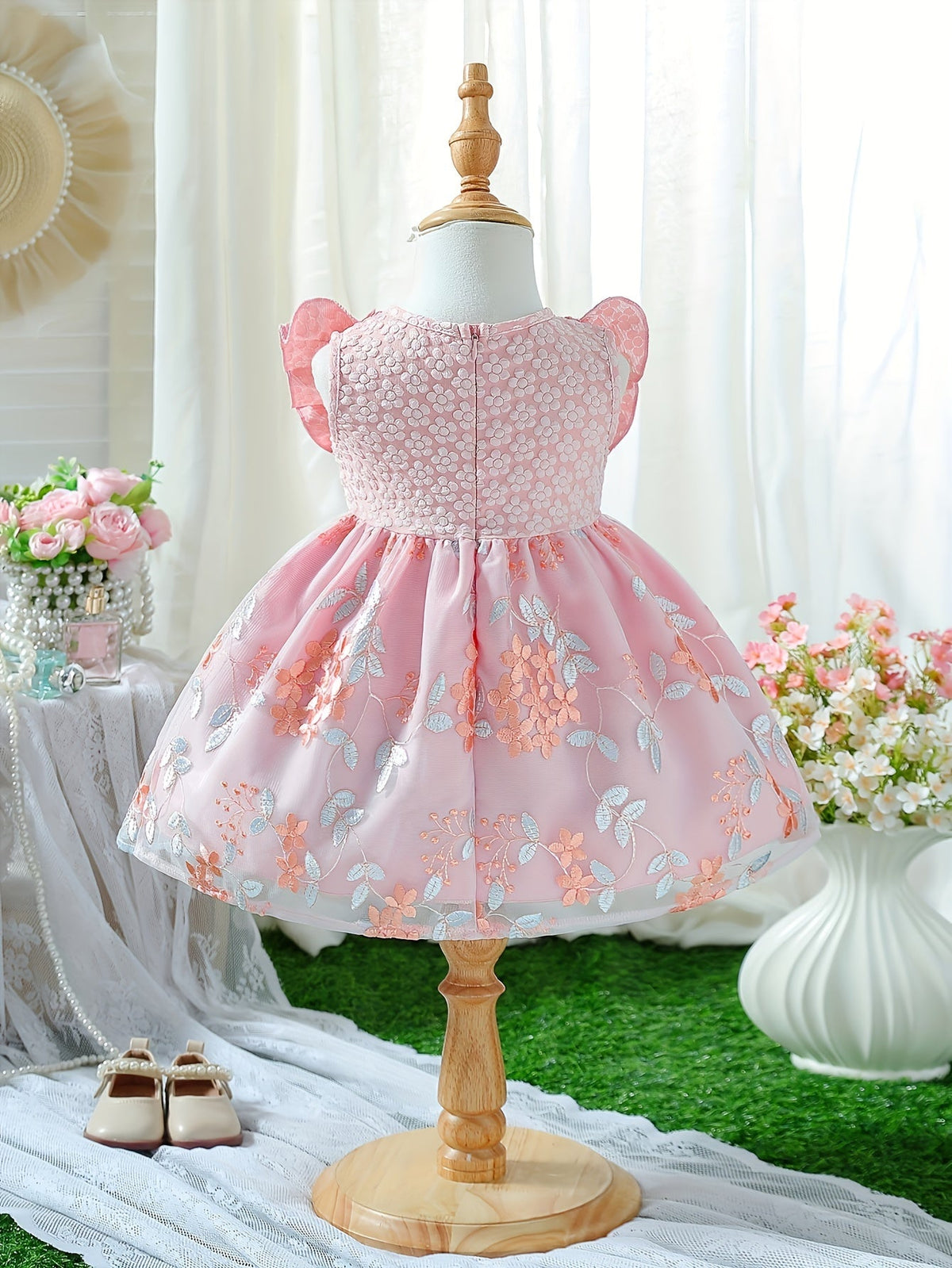 Baby Girl White Party Dress with Textured Bodice and Floral Mesh Skirt Plus a Matching Waist Bow