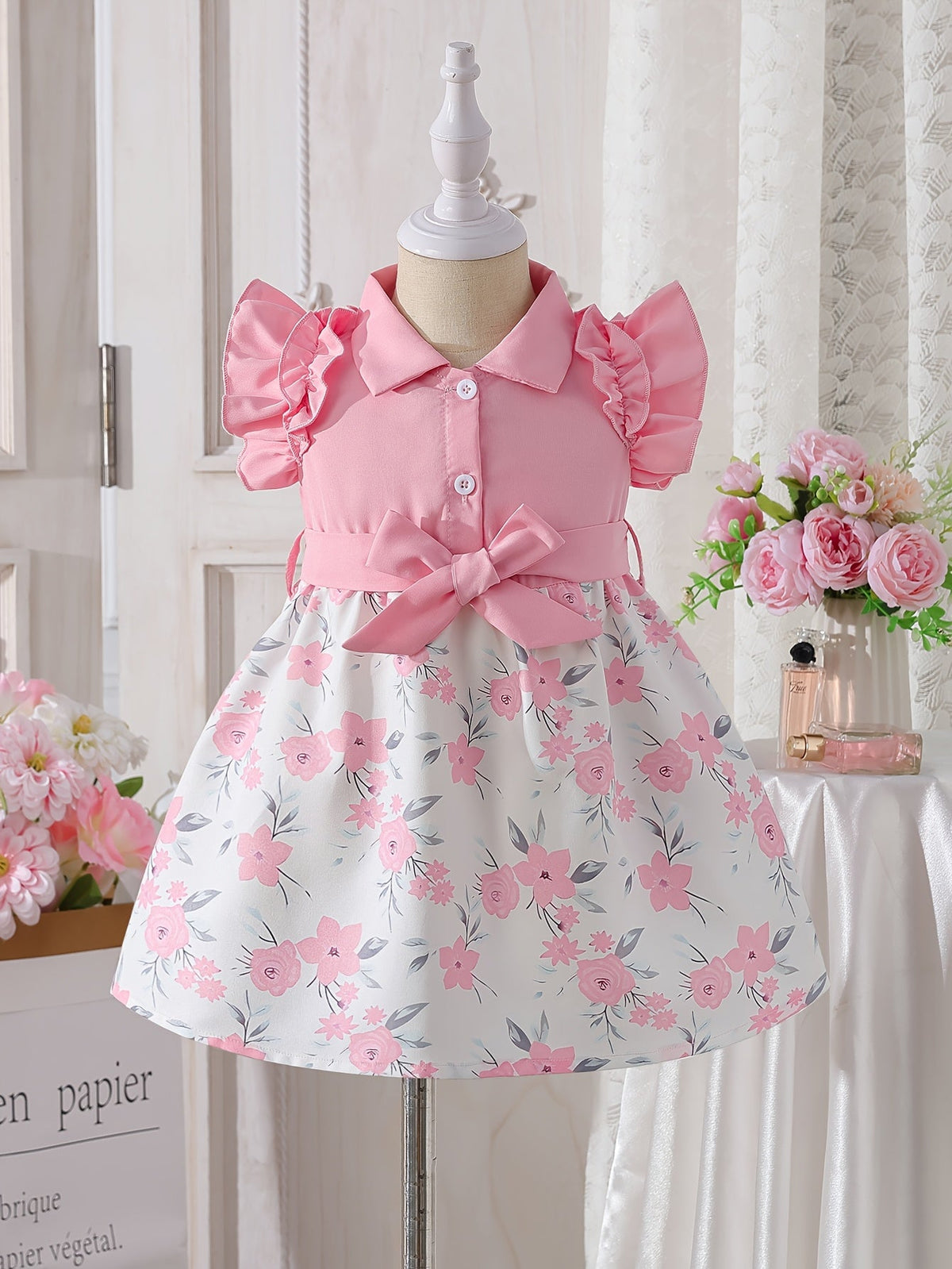 Baby Girl Floral Dress with Ruffled Sleeves and a Waist Bow in Blue or Red for Summer Celebrations