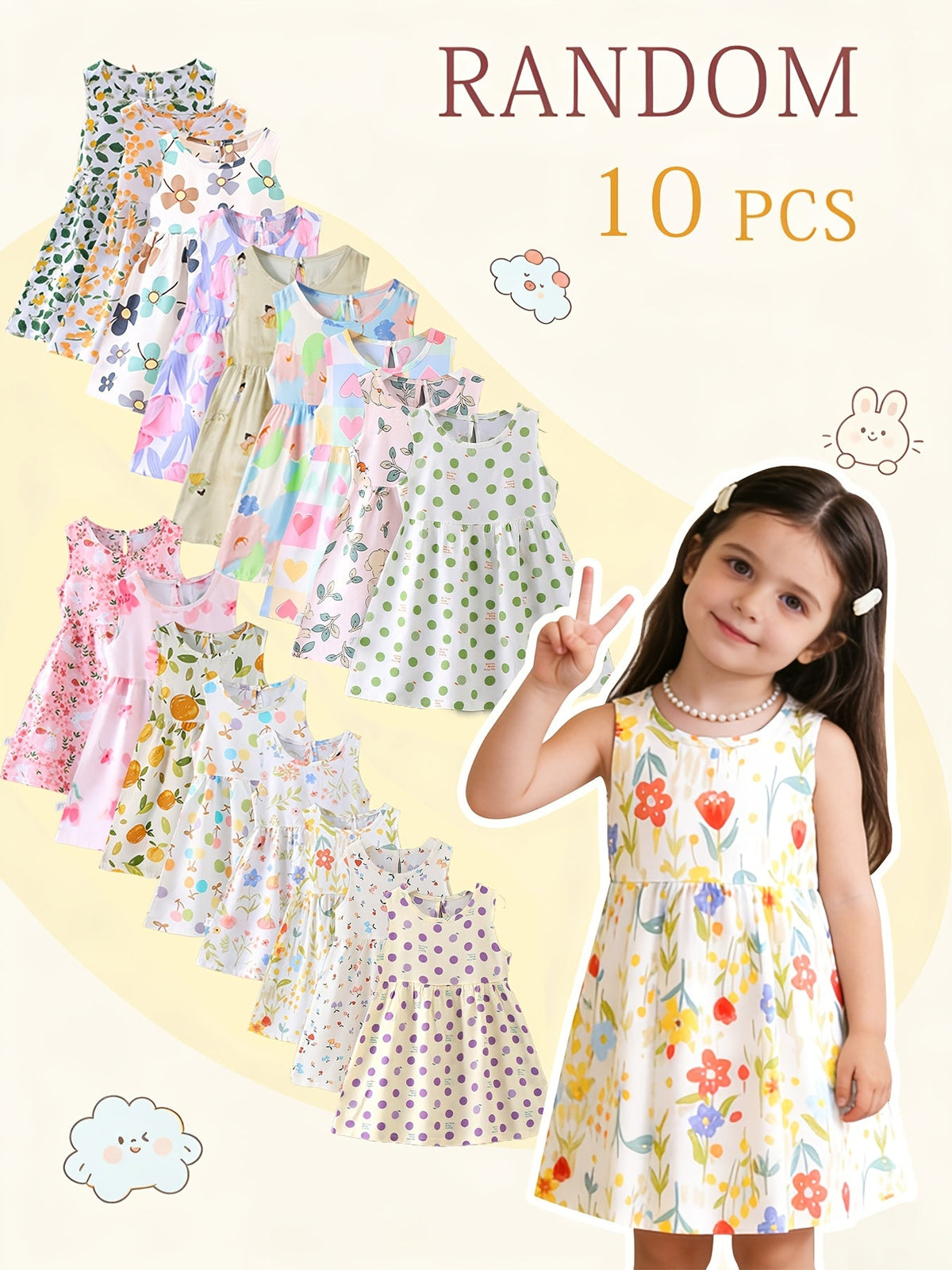 Girls' Sleeveless Summer Dresses 10-Pack in Random Prints with Gathered Skirts for Everyday Outfits