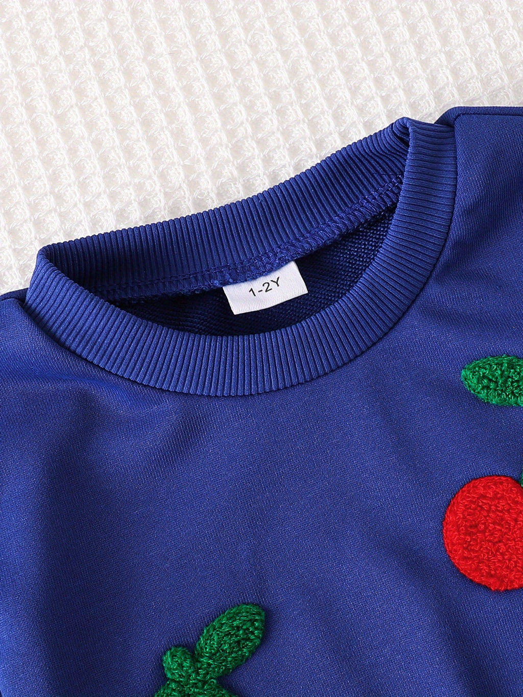 Girls' Blue Pants Set with Textured Cherry Appliques on a Crew Neck Sweatshirt and Wide Leg Trousers