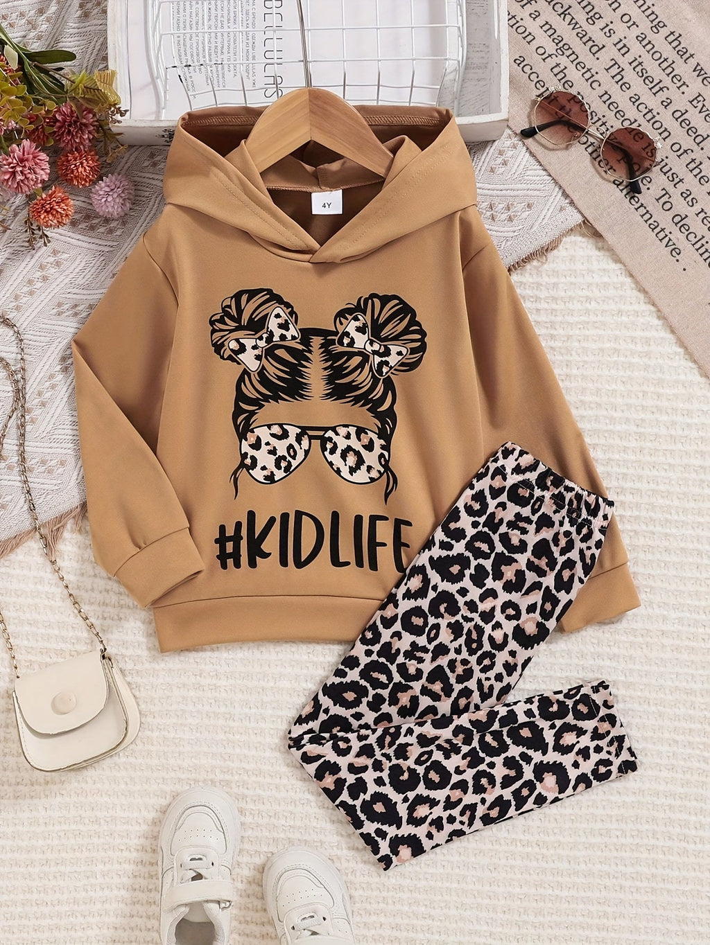 Girls' Hoodie and Pants Set with a Khaki Kidlife Graphic Top and Leopard Print Leggings for Casual Days