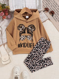Girls' Hoodie and Pants Set with a Khaki Kidlife Graphic Top and Leopard Print Leggings for Casual Days