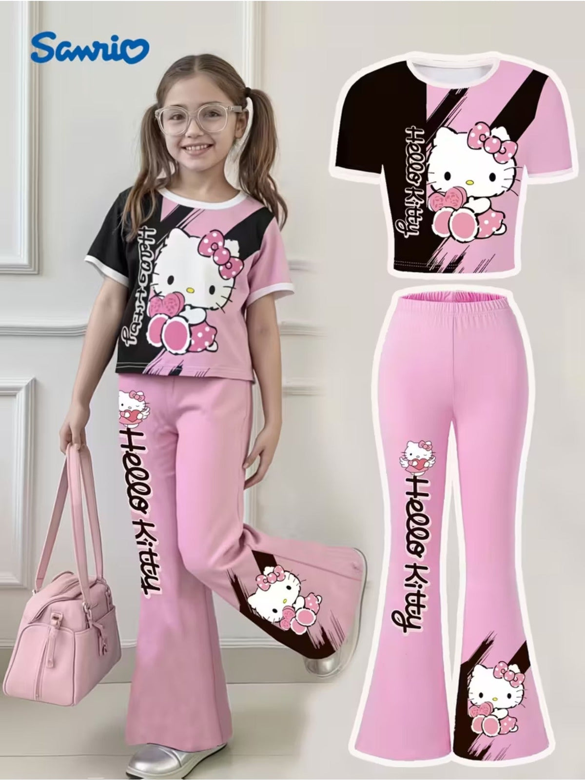 Girls' Hello Kitty T-Shirt and Flare Pants Set in Pink and Black with Short Sleeves for Everyday Outfits