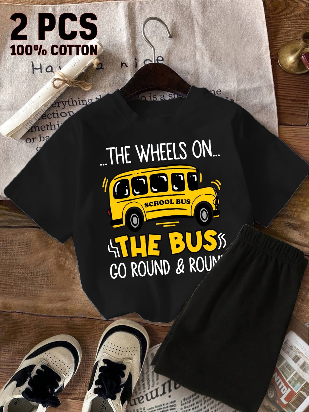 Girls School Bus Graphic T-Shirt and Black Shorts Set with a Round Neck Tee for Summer Casual Outfits