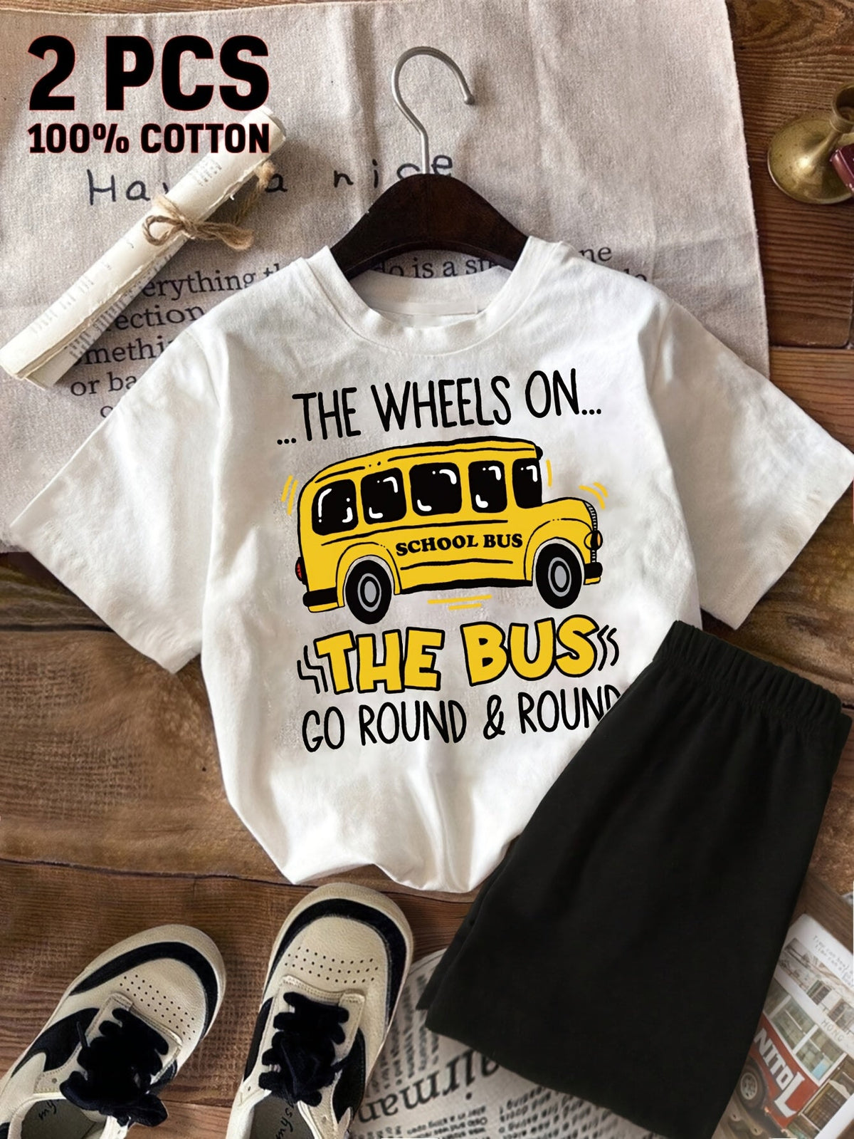 Girls School Bus Graphic T-Shirt and Black Shorts Set with a Round Neck Tee for Summer Casual Outfits
