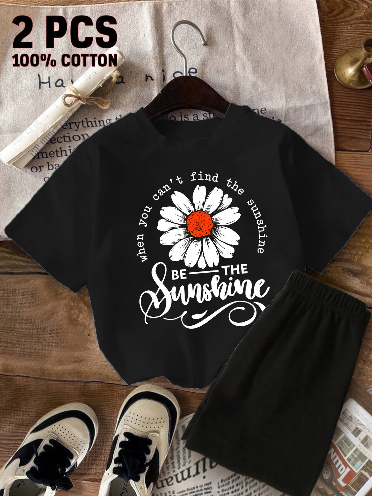 Girls' Sunshine T-Shirt Shorts Set with a Daisy Graphic and Be The Sunshine Lettering for Summer Play