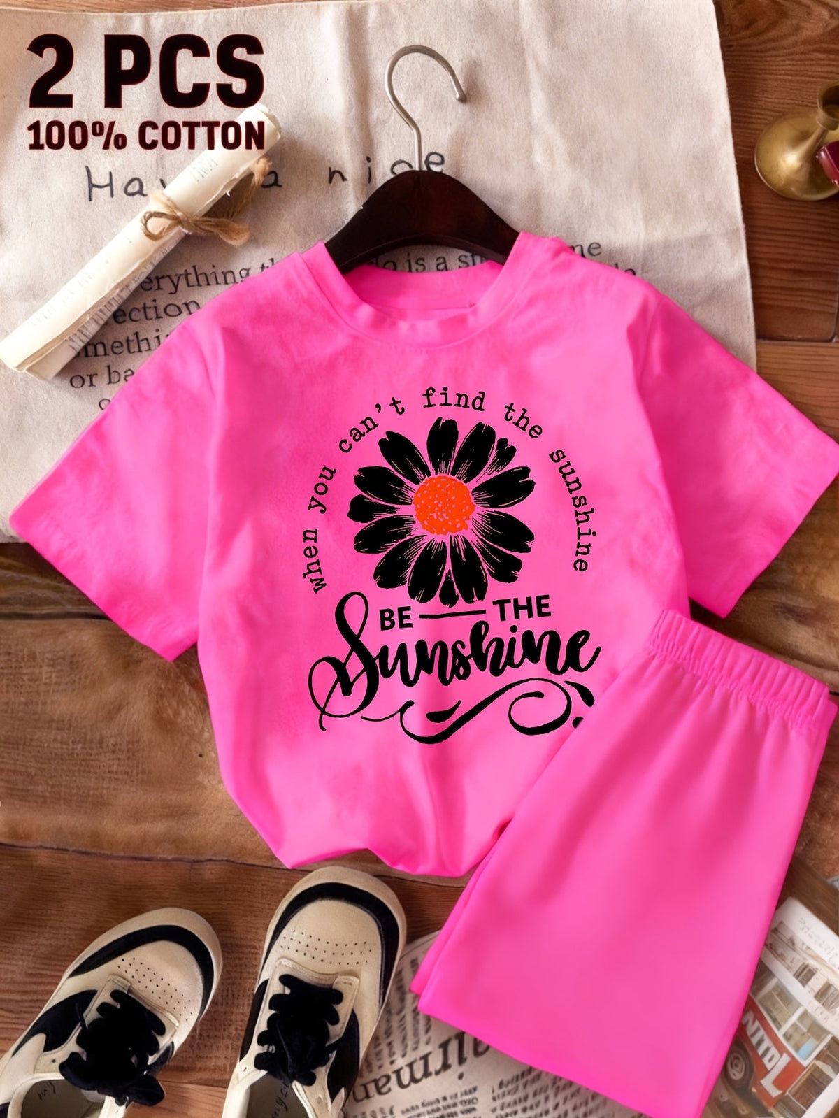 Girls' Sunshine T-Shirt Shorts Set with a Daisy Graphic and Be The Sunshine Lettering for Summer Play