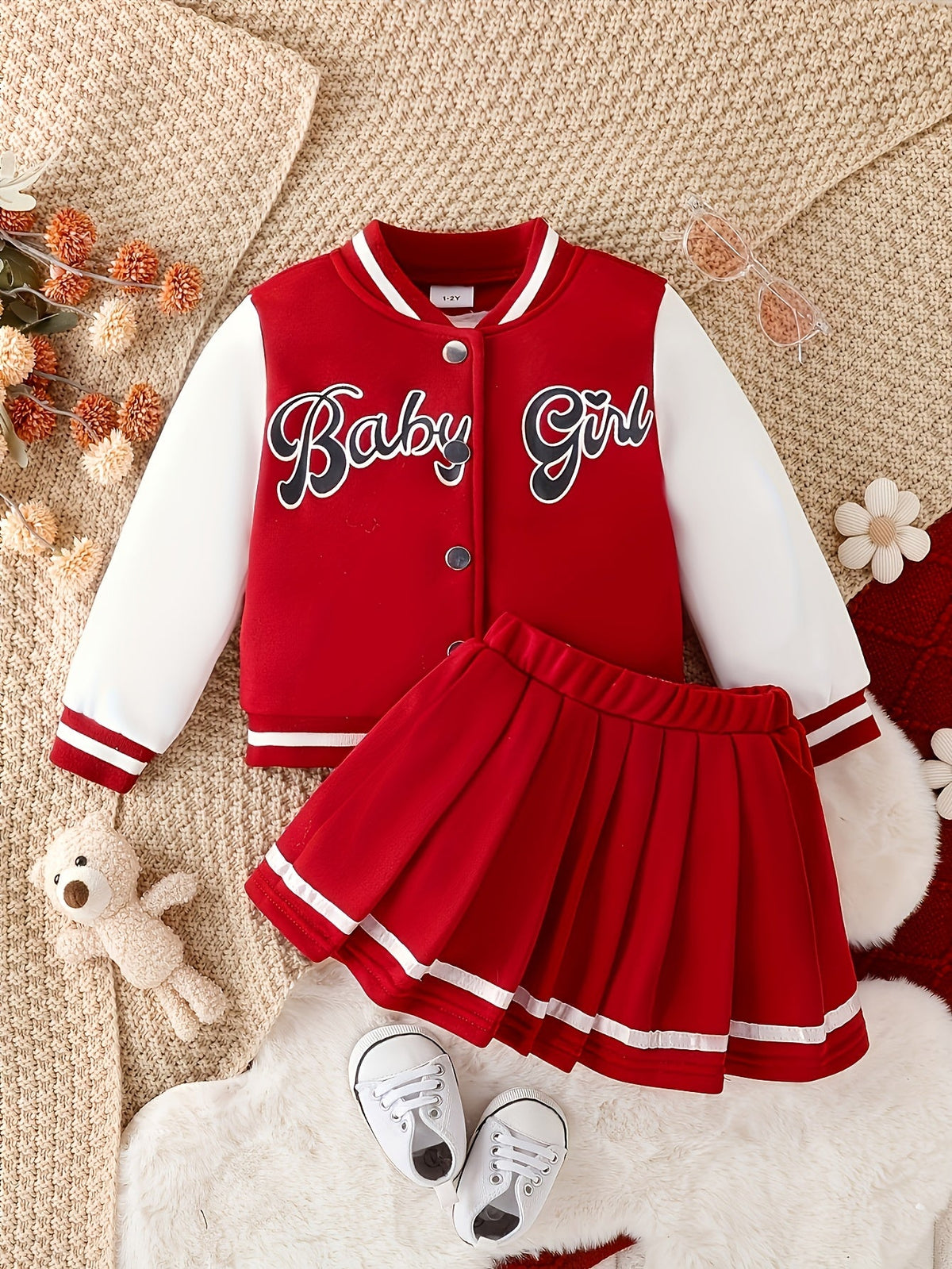Girls' Varsity Skirt Set in Red and White with a Baby Girl Letter Jacket and an Elastic Waist Pleated Skirt