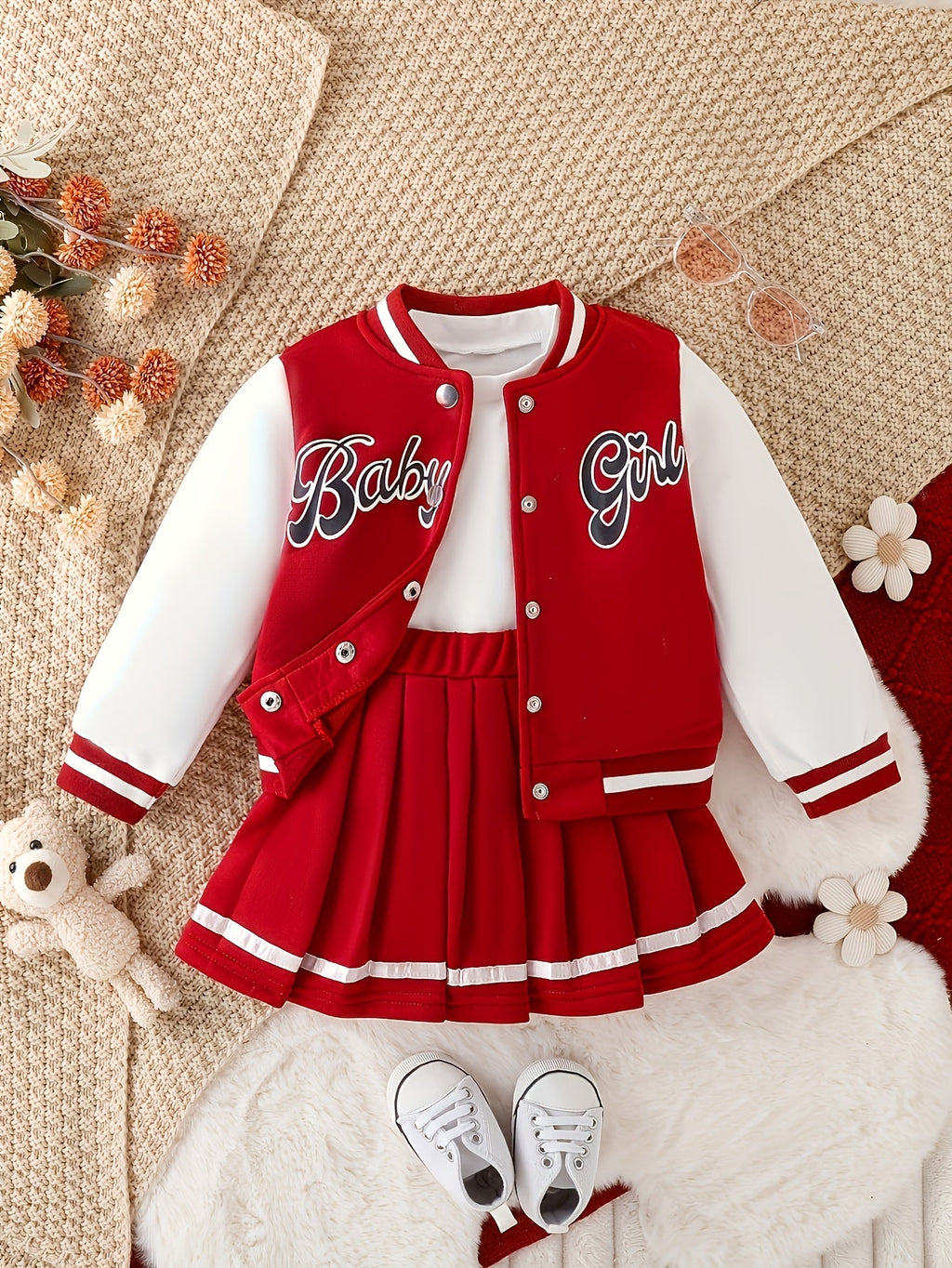 Girls' Varsity Skirt Set in Red and White with a Baby Girl Letter Jacket and an Elastic Waist Pleated Skirt