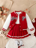 Girls' Varsity Skirt Set in Red and White with a Baby Girl Letter Jacket and an Elastic Waist Pleated Skirt