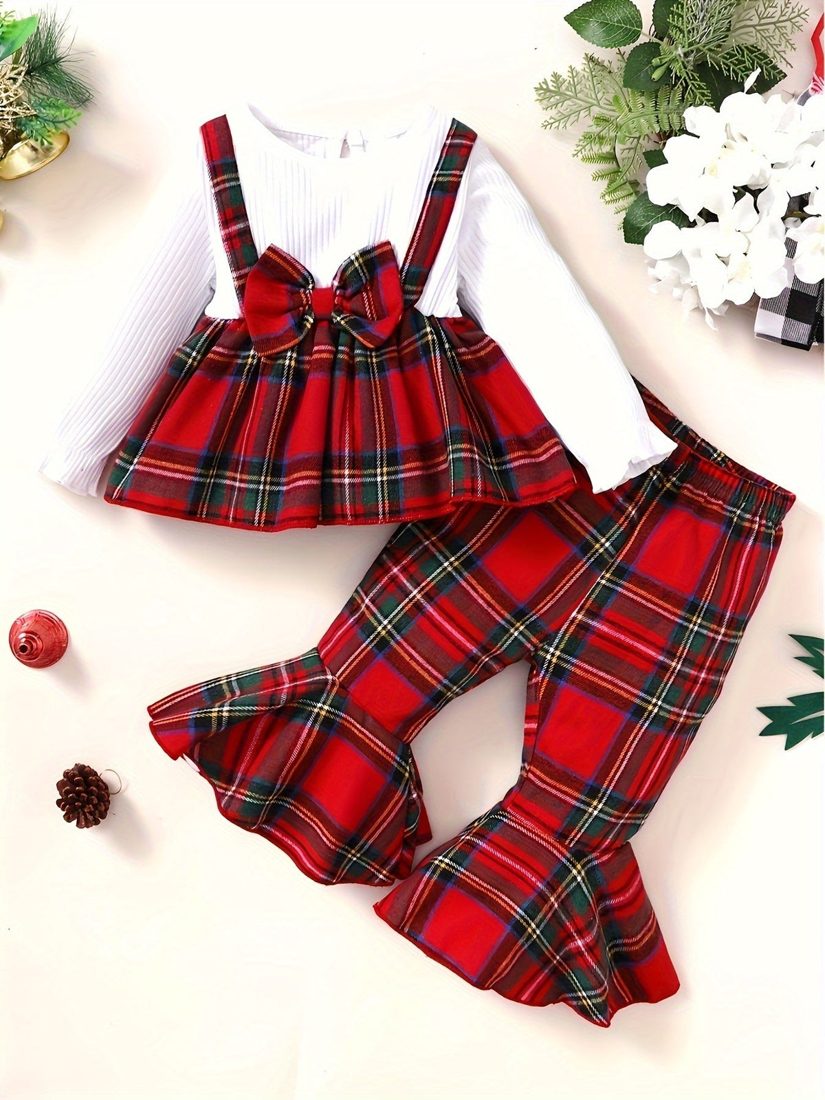 Baby Girls' Plaid Pants Set with a Bow-Front Peplum Top and Ruffled Hems for Festive Family Outfits