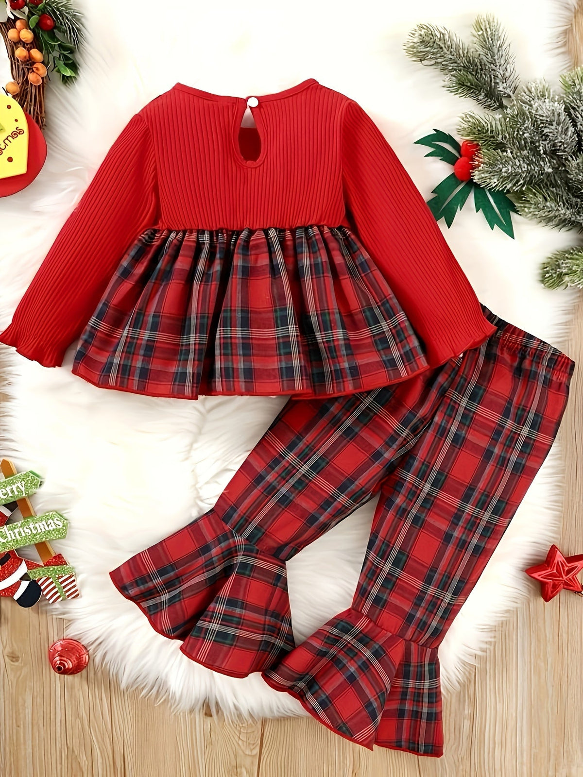 Baby Girls' Plaid Pants Set with a Bow-Front Peplum Top and Ruffled Hems for Festive Family Outfits