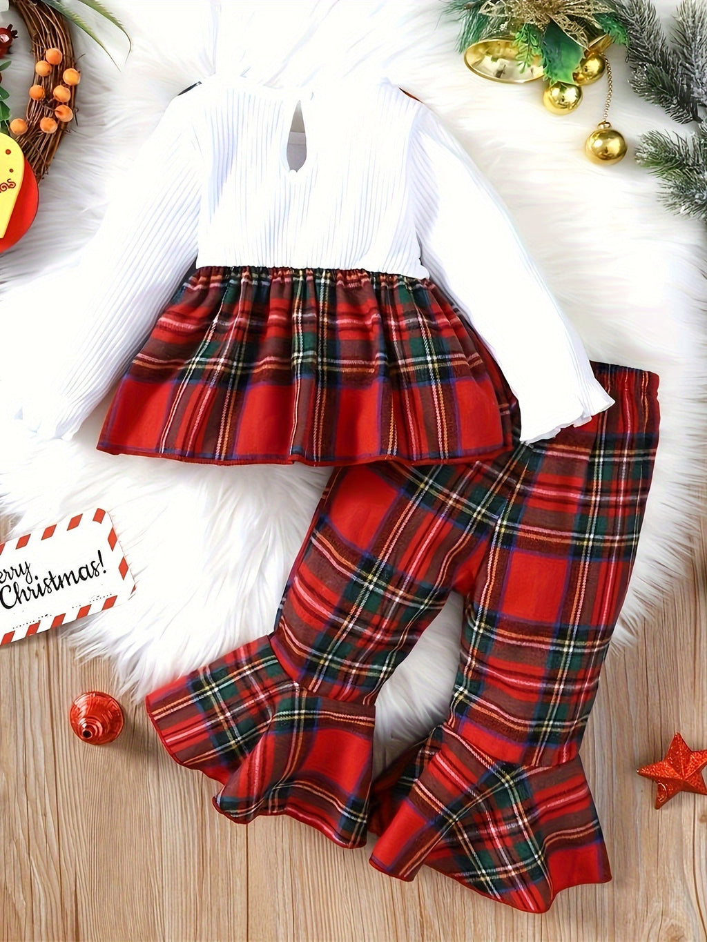 Baby Girls' Plaid Pants Set with a Bow-Front Peplum Top and Ruffled Hems for Festive Family Outfits