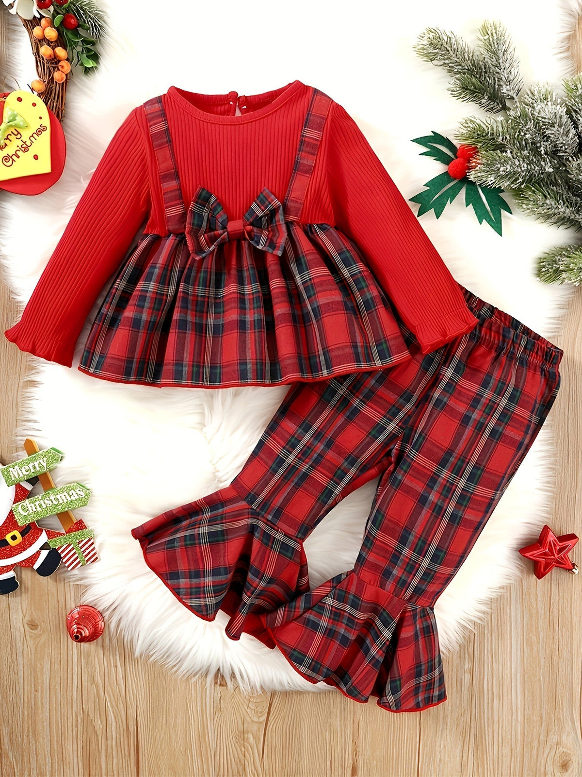 Baby Girls' Plaid Pants Set with a Bow-Front Peplum Top and Ruffled Hems for Festive Family Outfits