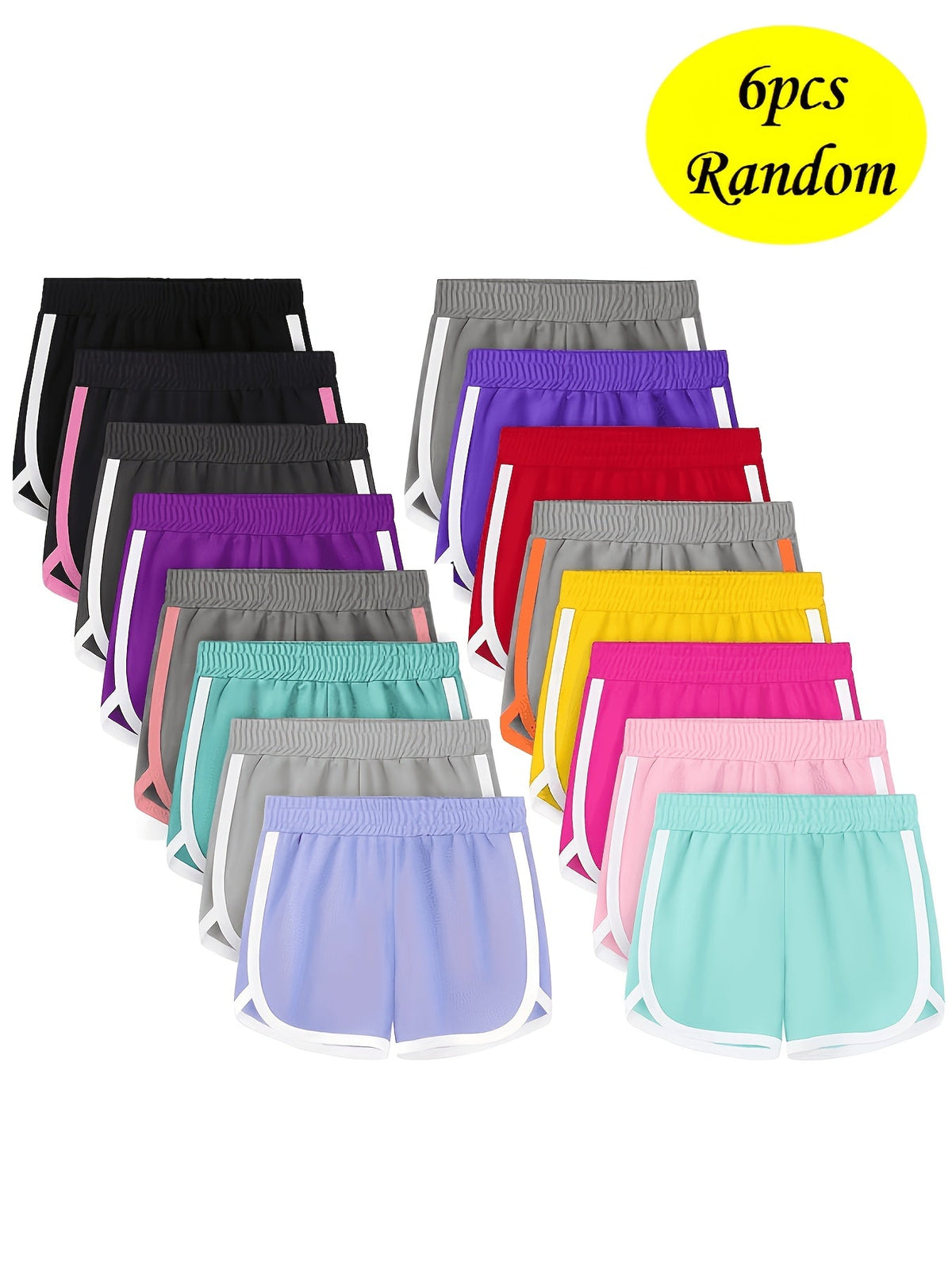 Girls' Athletic Shorts in a Random Six Piece Color Pack with White Contrast Trim and Curved Hems