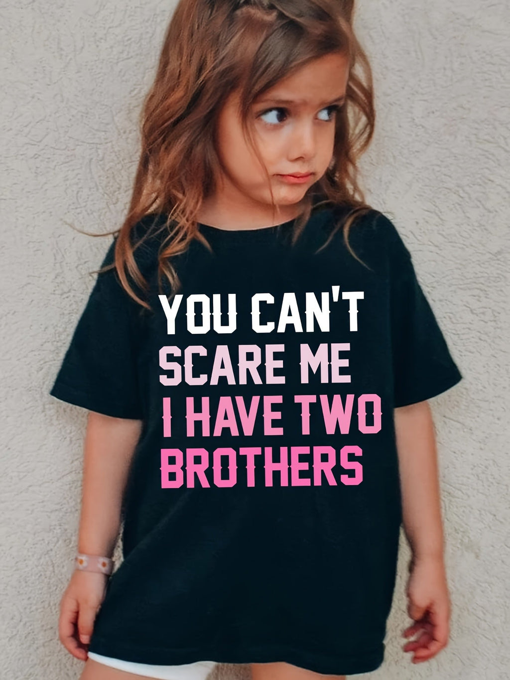 Girls' I Have Two Brothers Graphic T-Shirt in Black with Pink and White Lettering for Everyday Wear