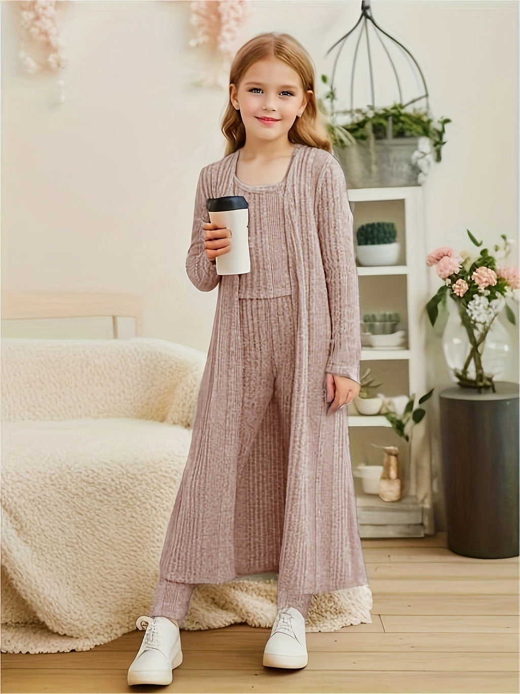 Girls' Three-Piece Knit Outfit with a Long Cardigan and Matching Top and Leggings for Casual Layering