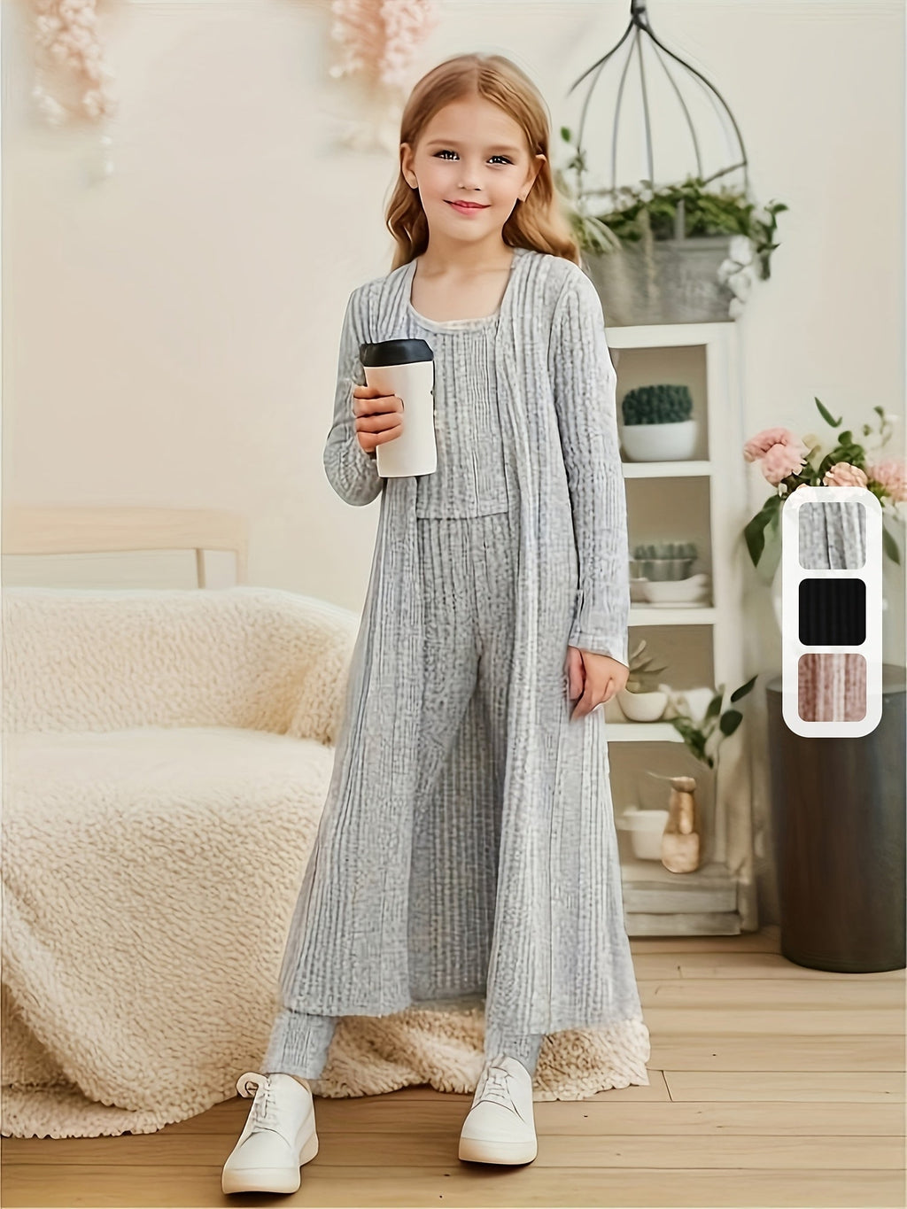 Girls' Three-Piece Knit Outfit with a Long Cardigan and Matching Top and Leggings for Casual Layering