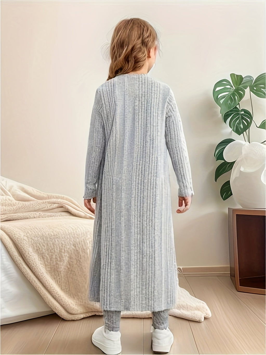 Girls' Three-Piece Knit Outfit with a Long Cardigan and Matching Top and Leggings for Casual Layering