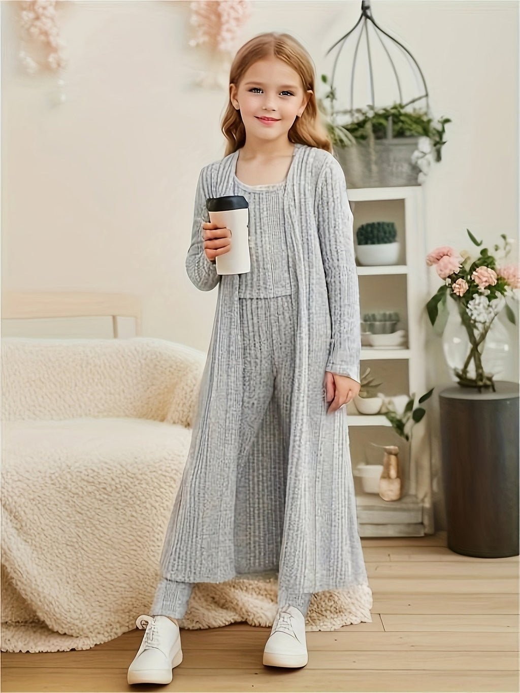 Girls' Three-Piece Knit Outfit with a Long Cardigan and Matching Top and Leggings for Casual Layering