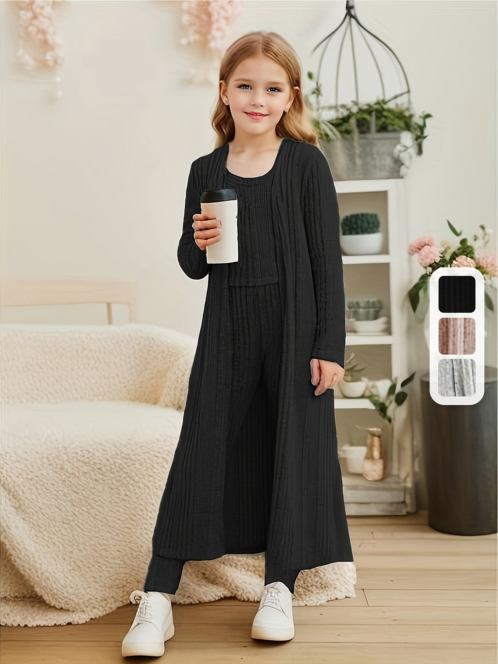 Girls' Three-Piece Knit Outfit with a Long Cardigan and Matching Top and Leggings for Casual Layering