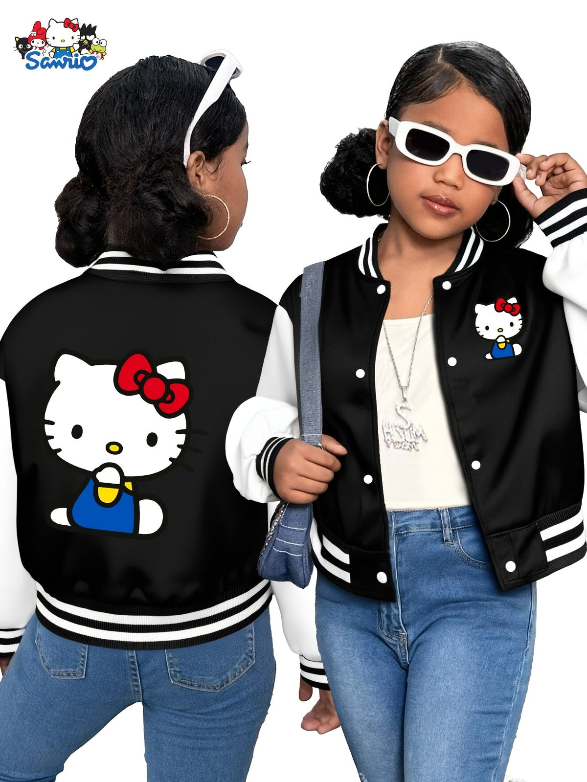 Girls' Hello Kitty Varsity Jacket with Two-Sided Character Graphics and White Contrast Sleeves