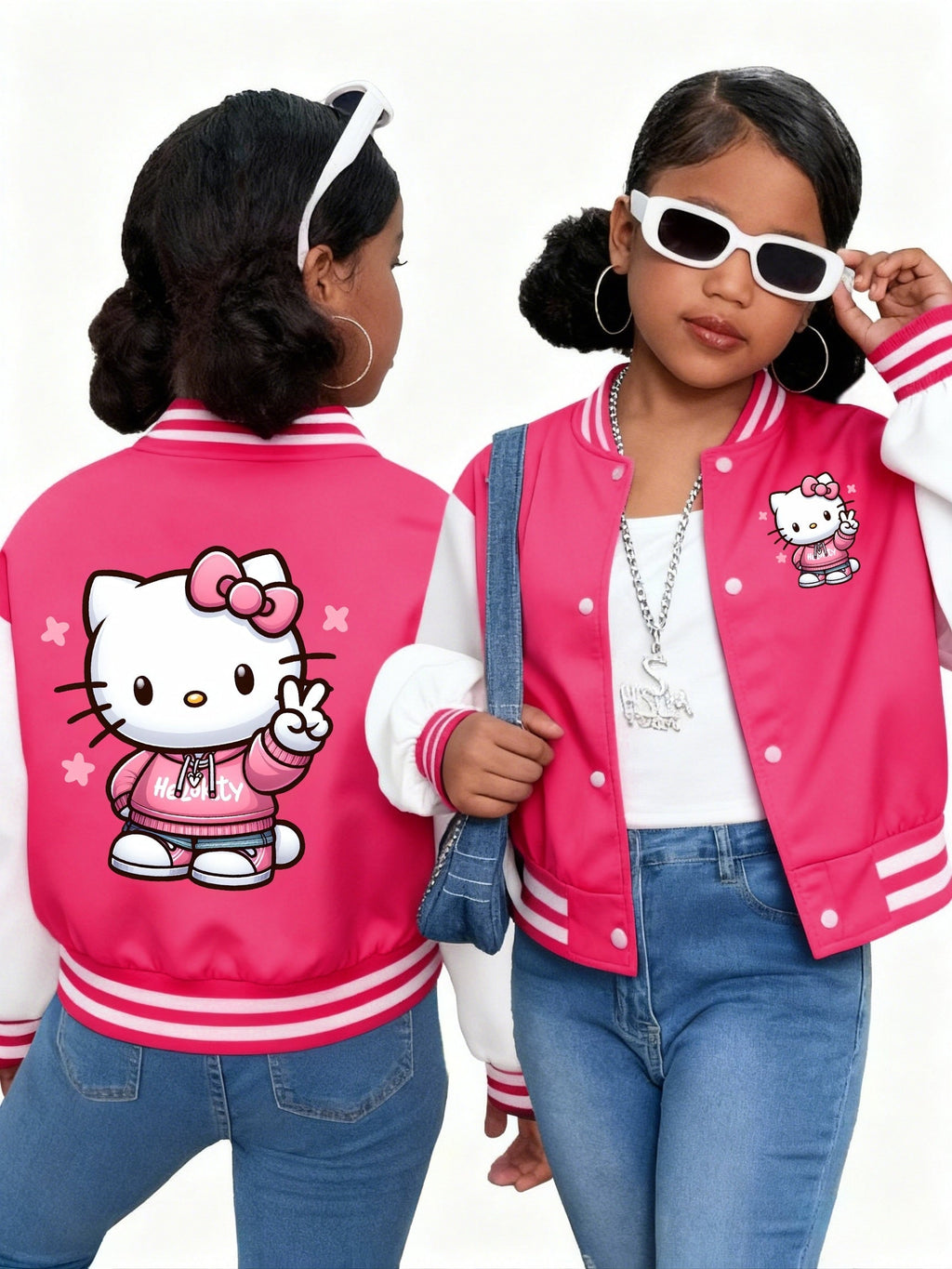 Girls' Hello Kitty Varsity Jacket with Two-Sided Character Graphics and White Contrast Sleeves