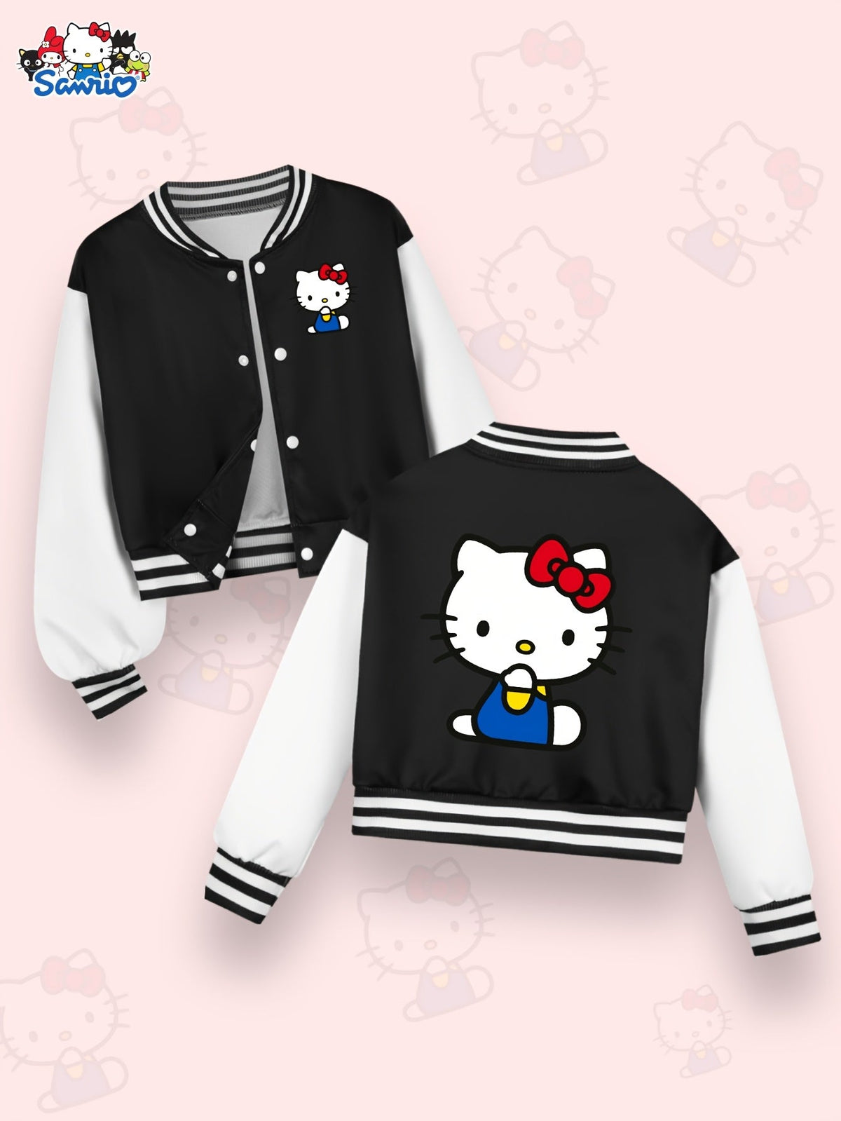 Girls' Hello Kitty Varsity Jacket with Two-Sided Character Graphics and White Contrast Sleeves