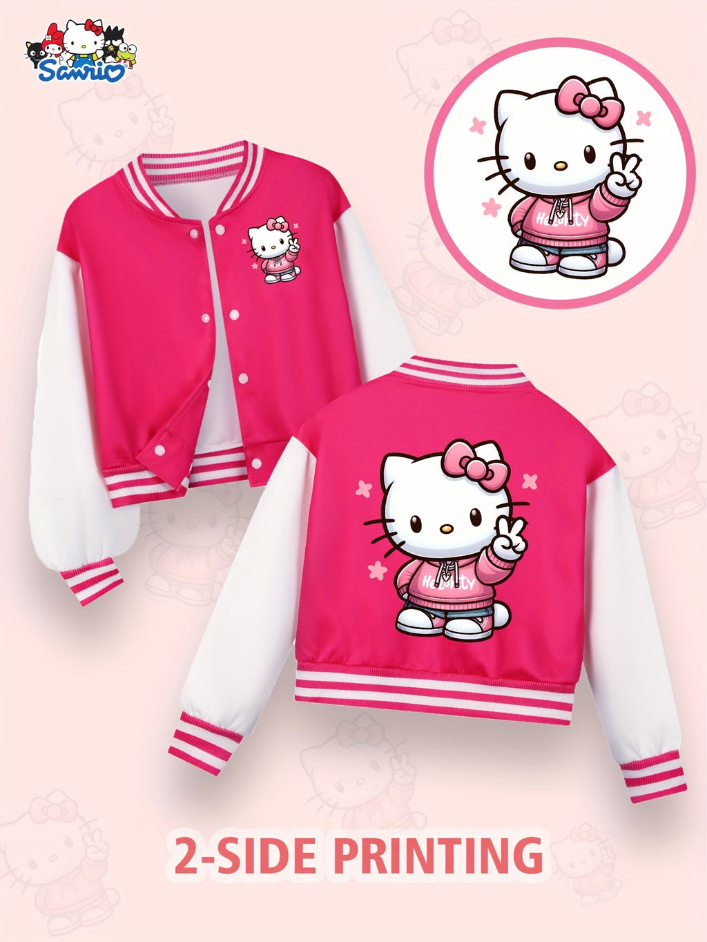 Girls' Hello Kitty Varsity Jacket with Two-Sided Character Graphics and White Contrast Sleeves
