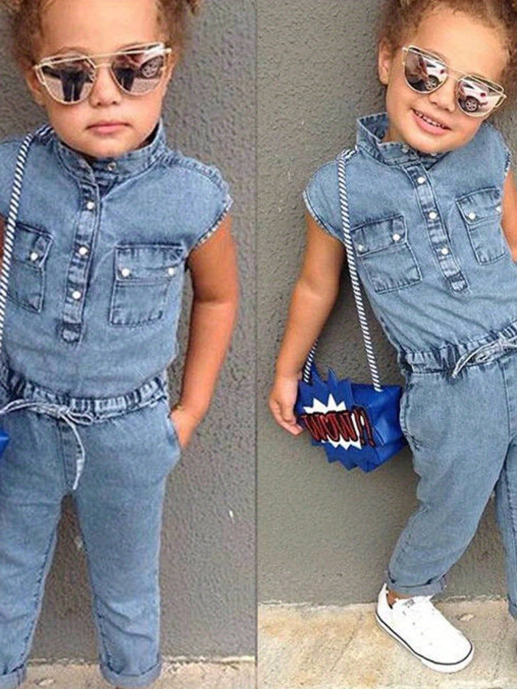 Girls' Blue Denim Jumpsuit with Chest Pockets and a Tie Waist for Collared Sleeveless Everyday Outfits