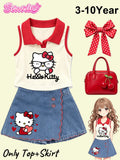 Girls' Hello Kitty Skort Set with a Red Collar Sleeveless Top and Blue Denim Bottom for Summer Days
