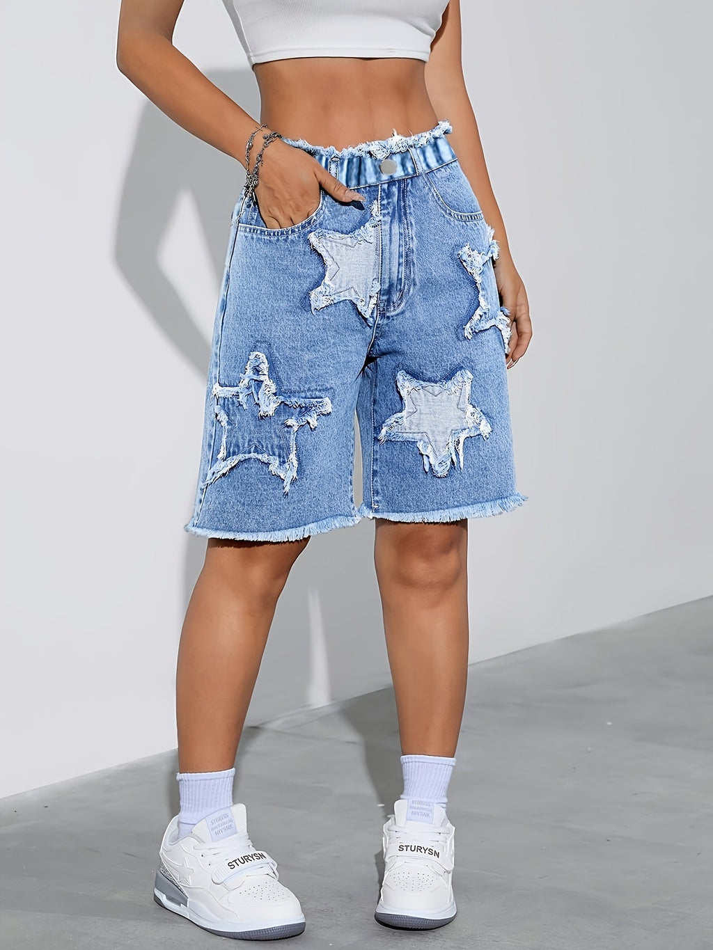 Girls Denim Shorts with Star Patches and Frayed Hems in Blue for Casual Summer and Weekend Outfits