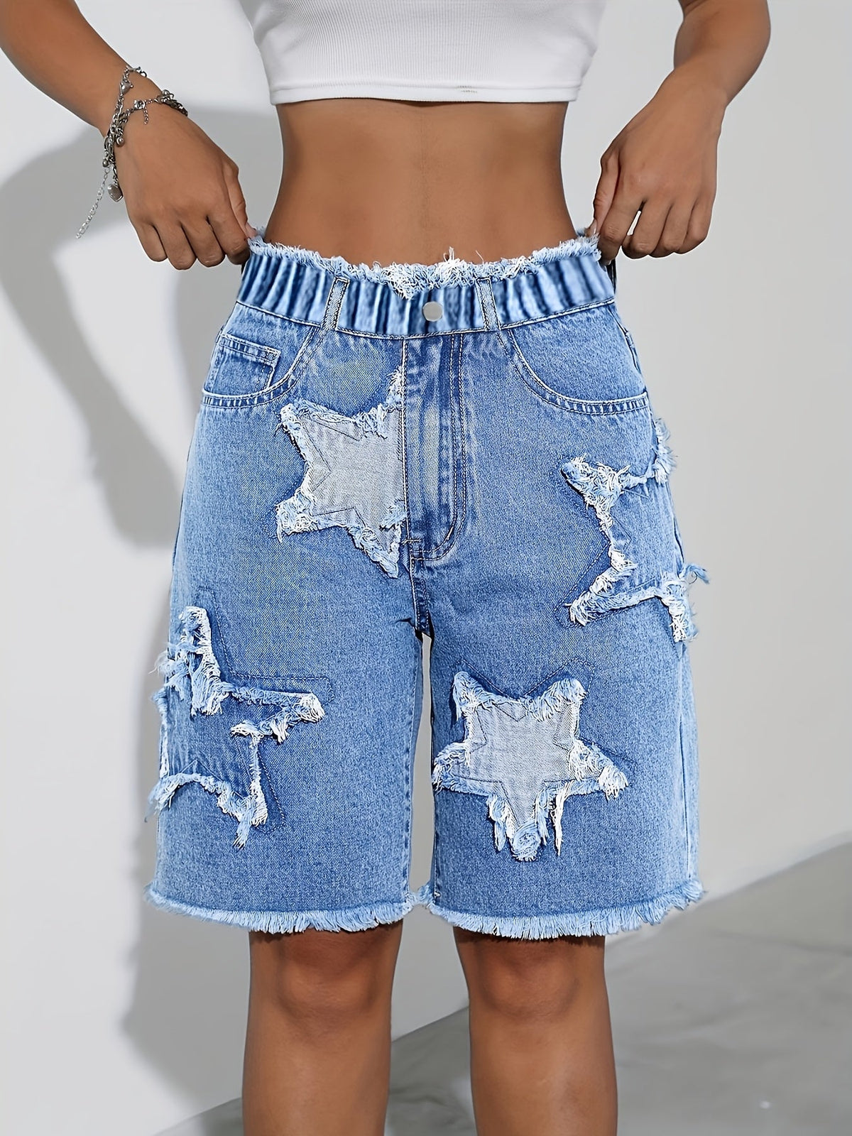 Girls Denim Shorts with Star Patches and Frayed Hems in Blue for Casual Summer and Weekend Outfits
