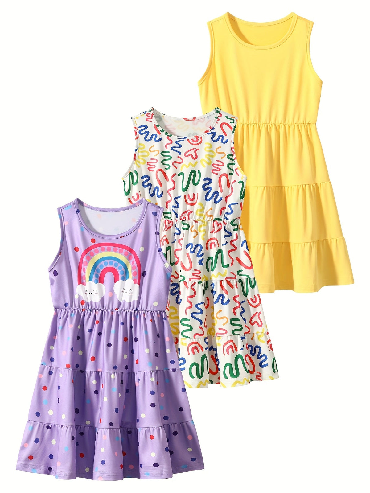 Girls' Sleeveless Dresses Three-Pack with Rainbow Prints and Tiered Skirts for Summer Casual Outfits