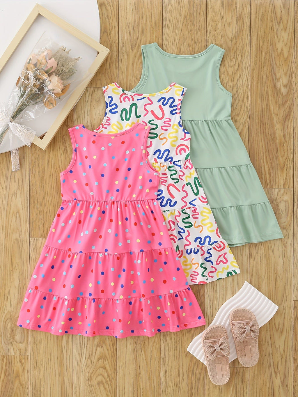 Girls' Sleeveless Dresses Three-Pack with Rainbow Prints and Tiered Skirts for Summer Casual Outfits