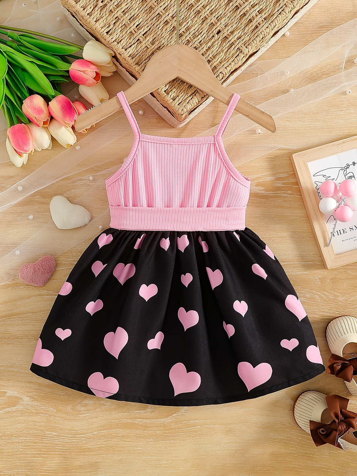 Girls' Sleeveless Bow Dress with Heart Print Skirt and Cartoon Character Design for Summer Outfits